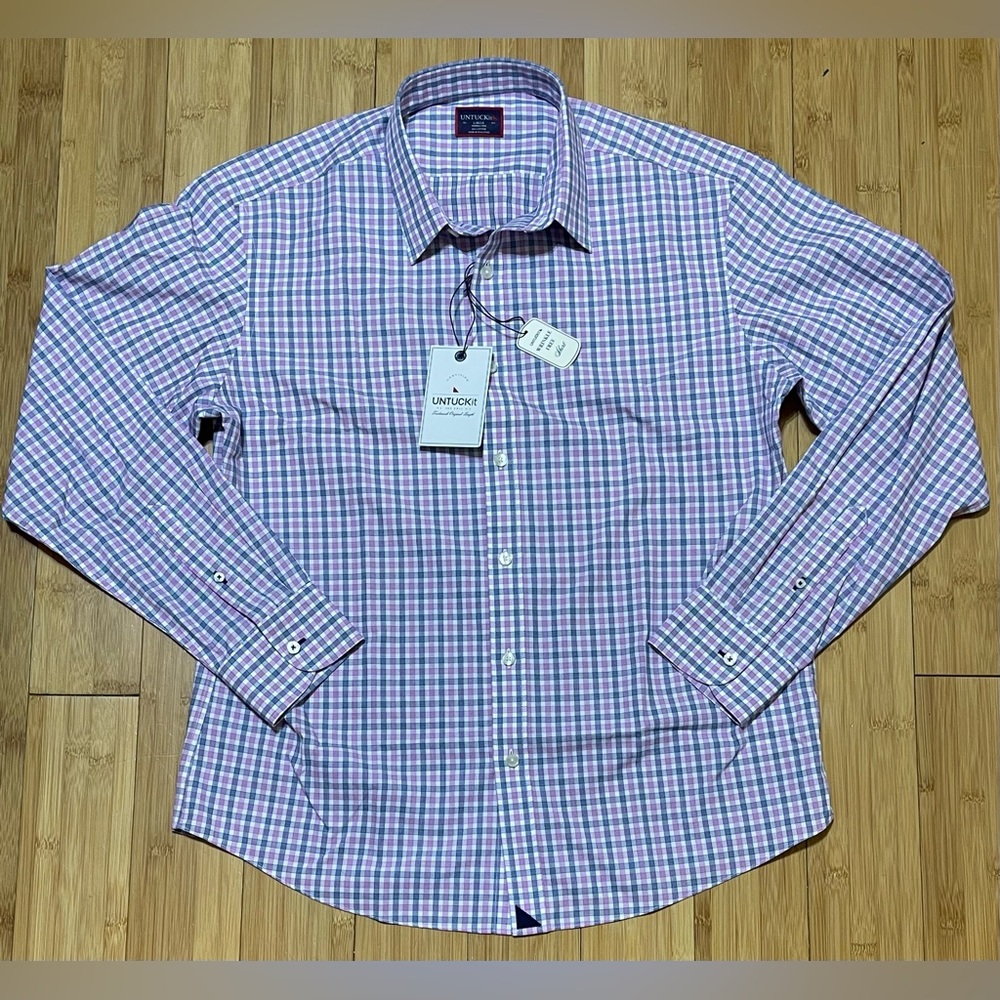 NWT UNTUCKit LS Button Up Shirt | Pink Blue Plaid | Dolcetto WF | Men’s L • Slim